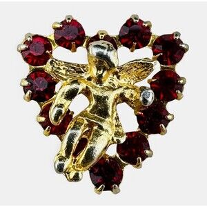 Vintage Gold-tone Cherub Red Rhinestone Heart Lapel Pin Guardian Angel 3/4"